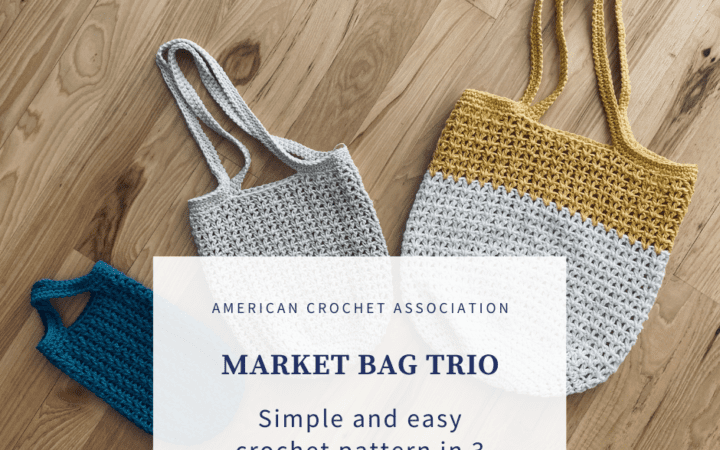 three crochet tote bags laying flat