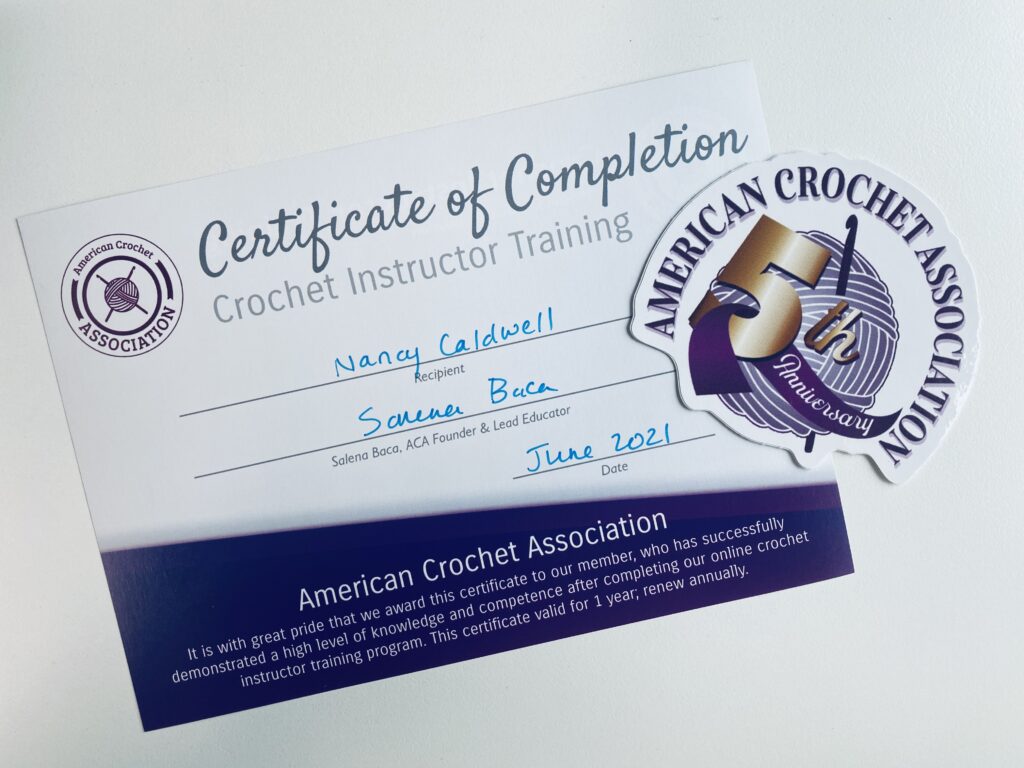 Picture of certificate of completion for crochet instructor training at the American Crochet Association