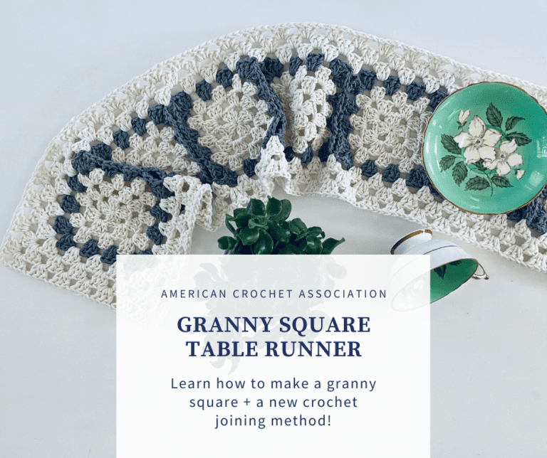 Granny square table runner with cup saucer and plant