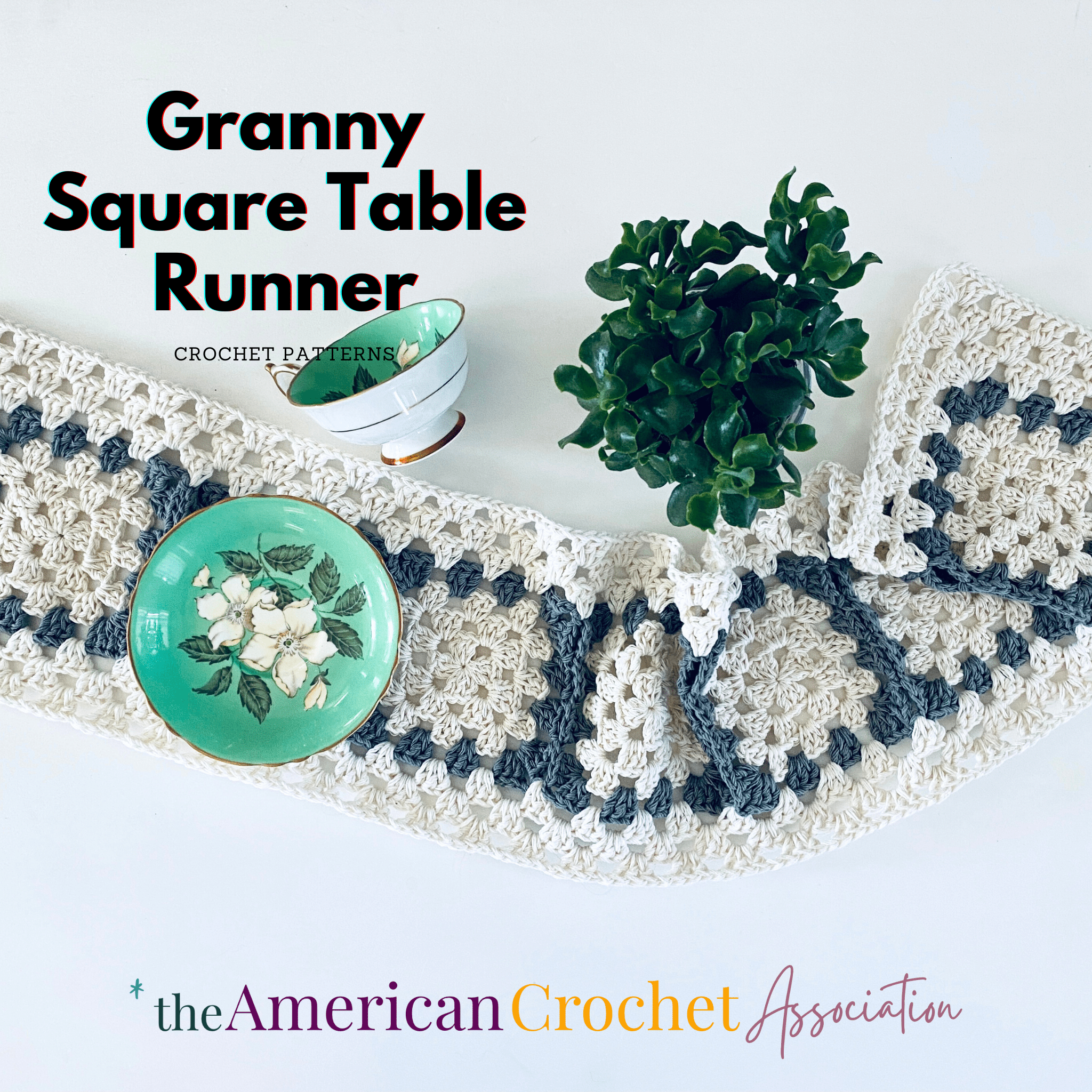 Granny Square crochet Table Runner on White Table Crochet Pattern - American Crochet Association