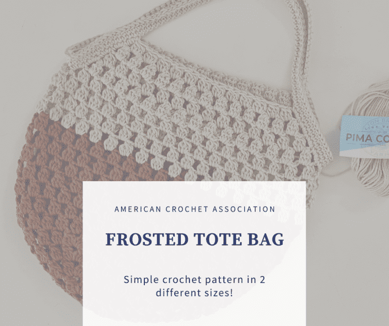 crochet frosted tote bag laying flat with yarn