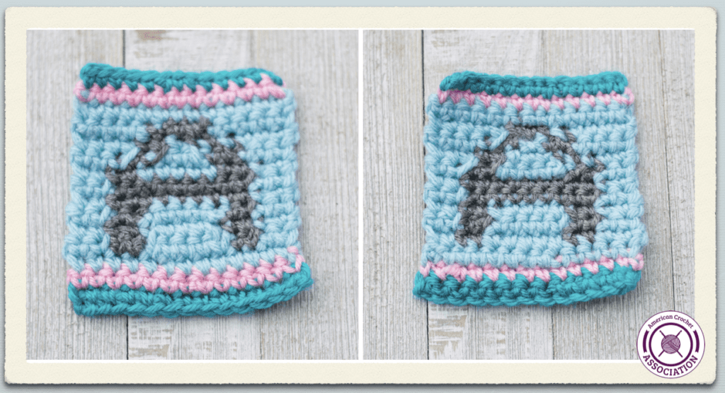 front and back of intarsia crochet colorwork swatch with letter A - American Crochet Association