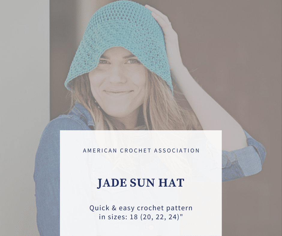 woman wearing blue crochet sun hat with floppy brim