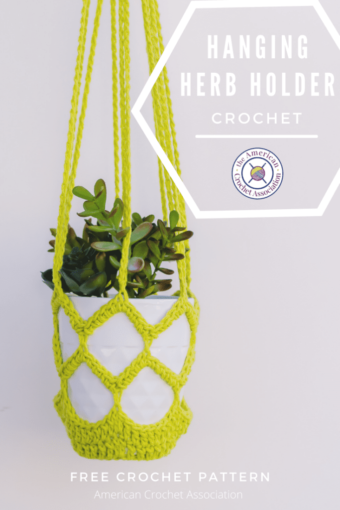 neon yellow crochet plant hanger with white pot and white background