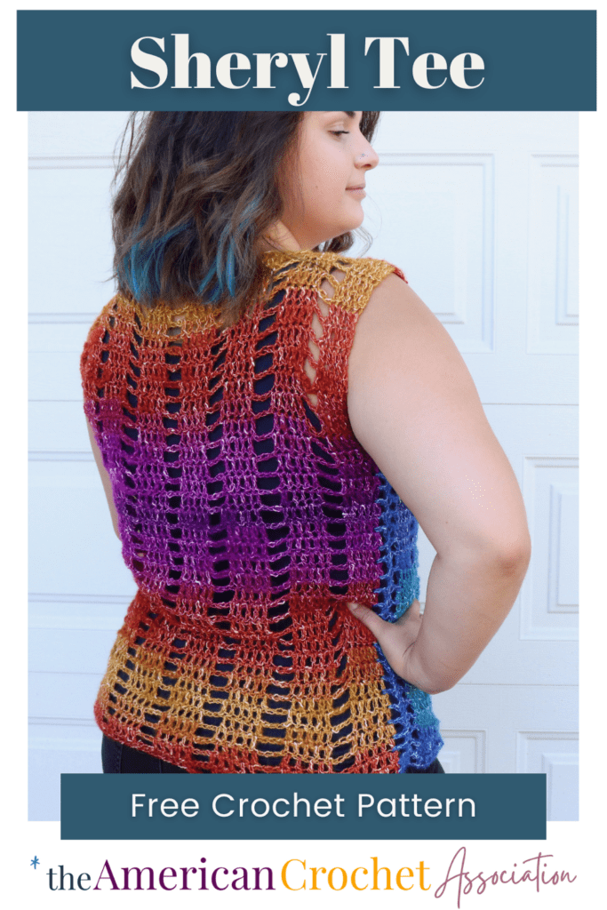 woman wearing crochet sheryl tee