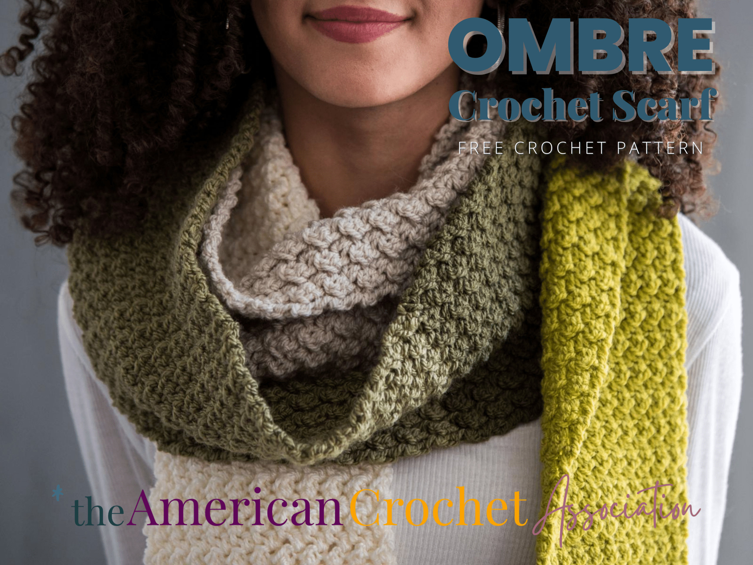 Woman wearing doubled over crochet ombre scarf