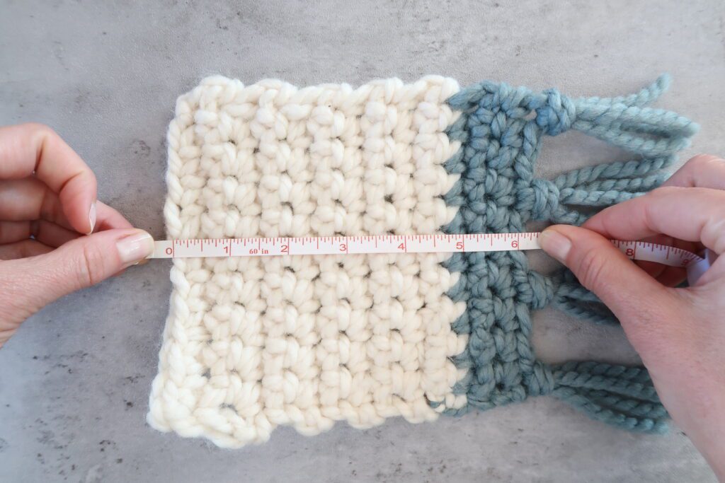 Single crochet swatch with color change and fringe gauge - American Crochet Association