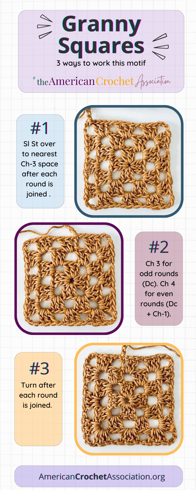 How To Crochet A Granny Square - 3 ways to work this motif - American Crochet Association