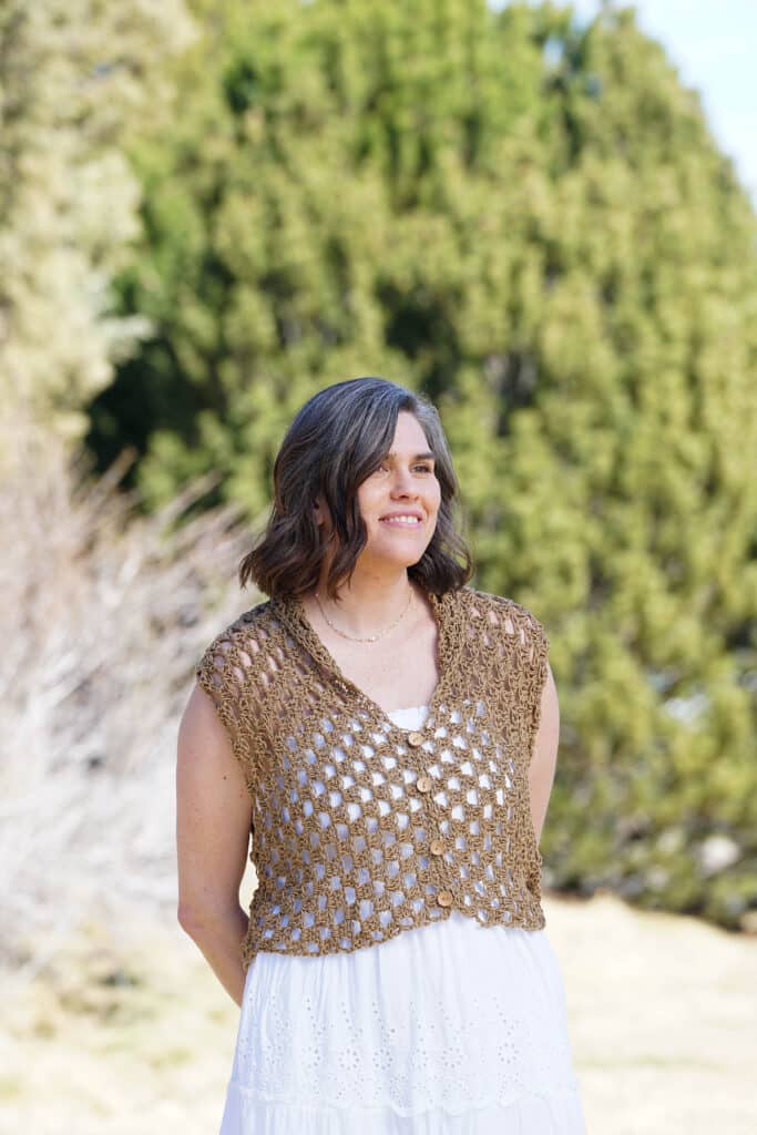 Crochet button Top - Learn how to make a crochet Granny Square and create 10 stunning accessories with my newest book - Crochet Granny Square Tops, Bags, and More!