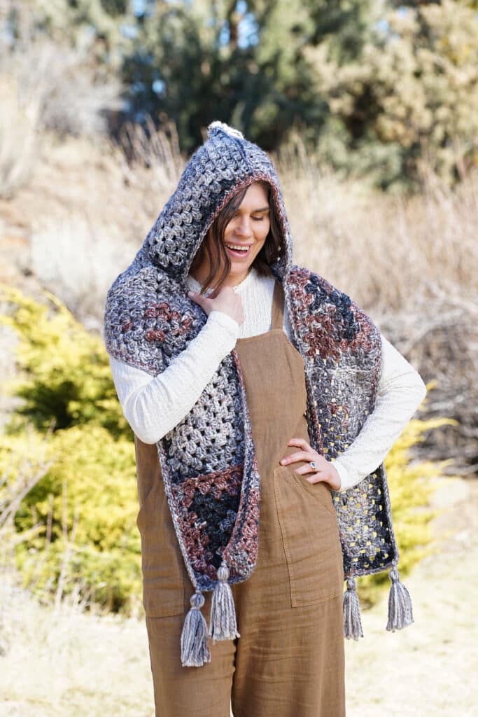 Hooded Scarf - Learn how to make a crochet Granny Square and create 10 stunning accessories with my newest book - Crochet Granny Square Tops, Bags, and More!