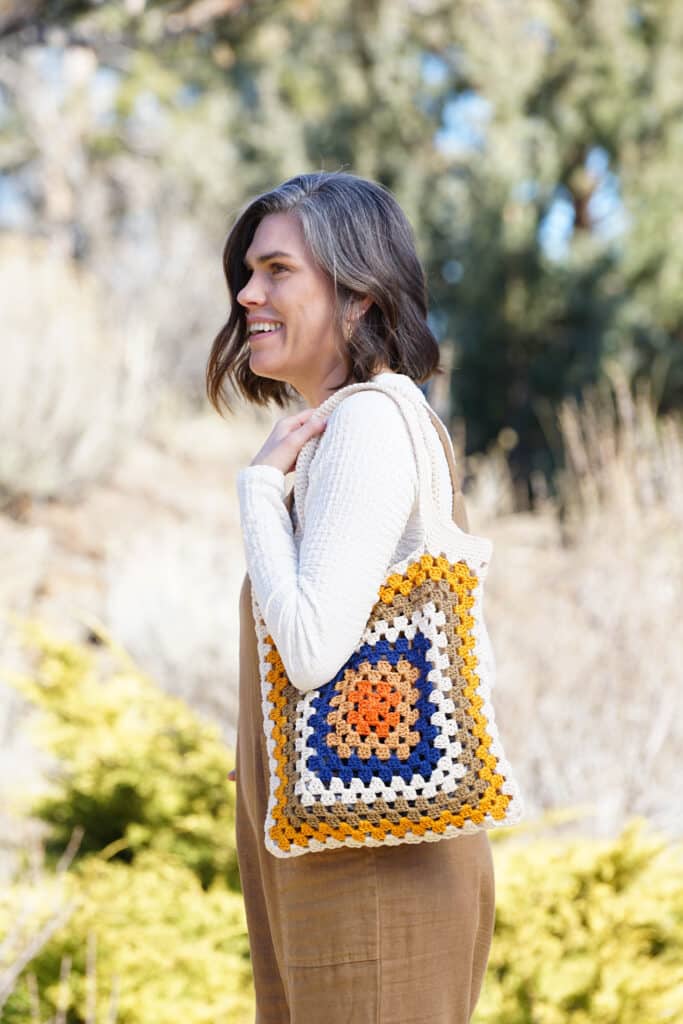 Tote - Learn how to make a crochet Granny Square and create 10 stunning accessories with my newest book - Crochet Granny Square Tops, Bags, and More!
