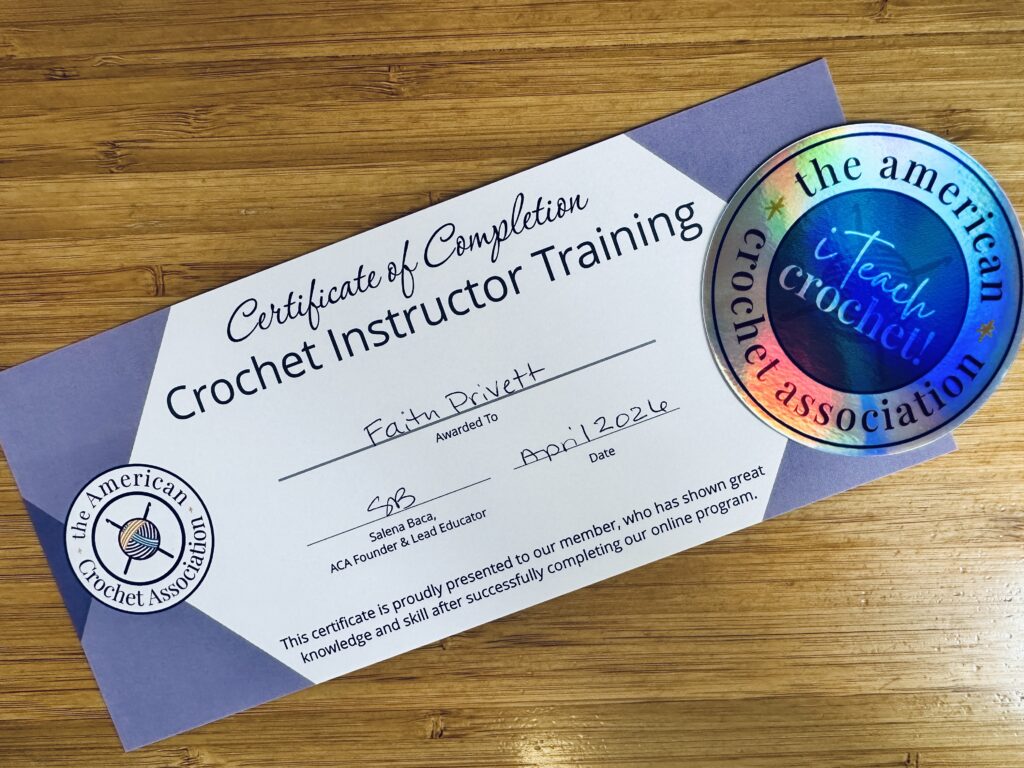 Certificate of completion - crochet instructor training - American Crochet Association