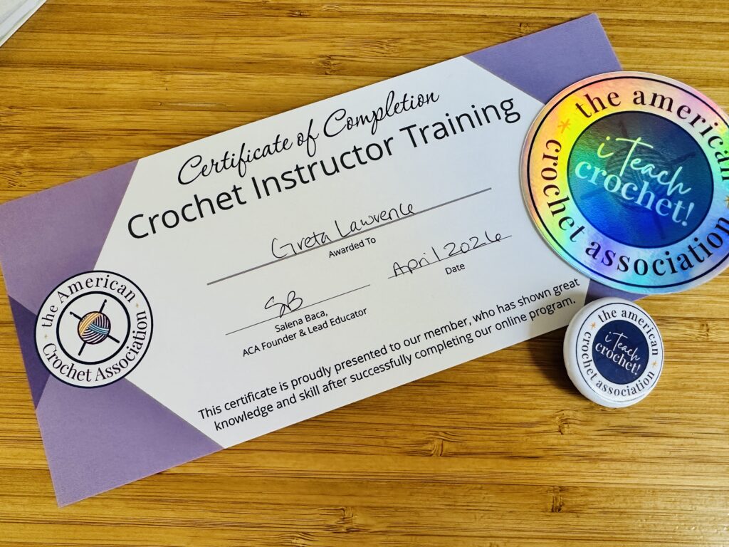 Certificate of completion - crochet instructor training - American Crochet Association