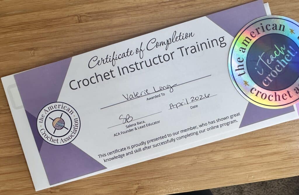 Certificate of completion - crochet instructor training - American Crochet Association