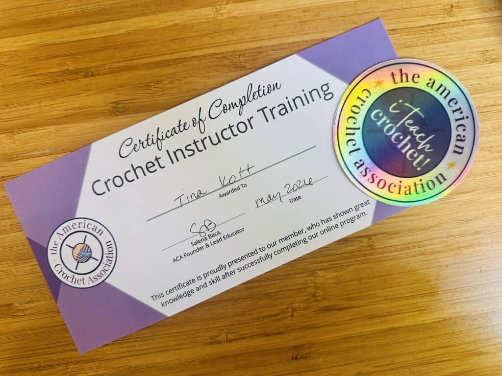 Certificate of completion - crochet instructor training - American Crochet Association