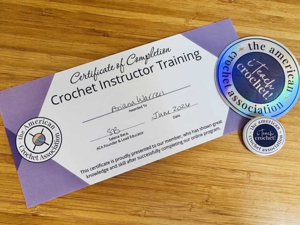 Certificate of completion - crochet instructor training - American Crochet Association